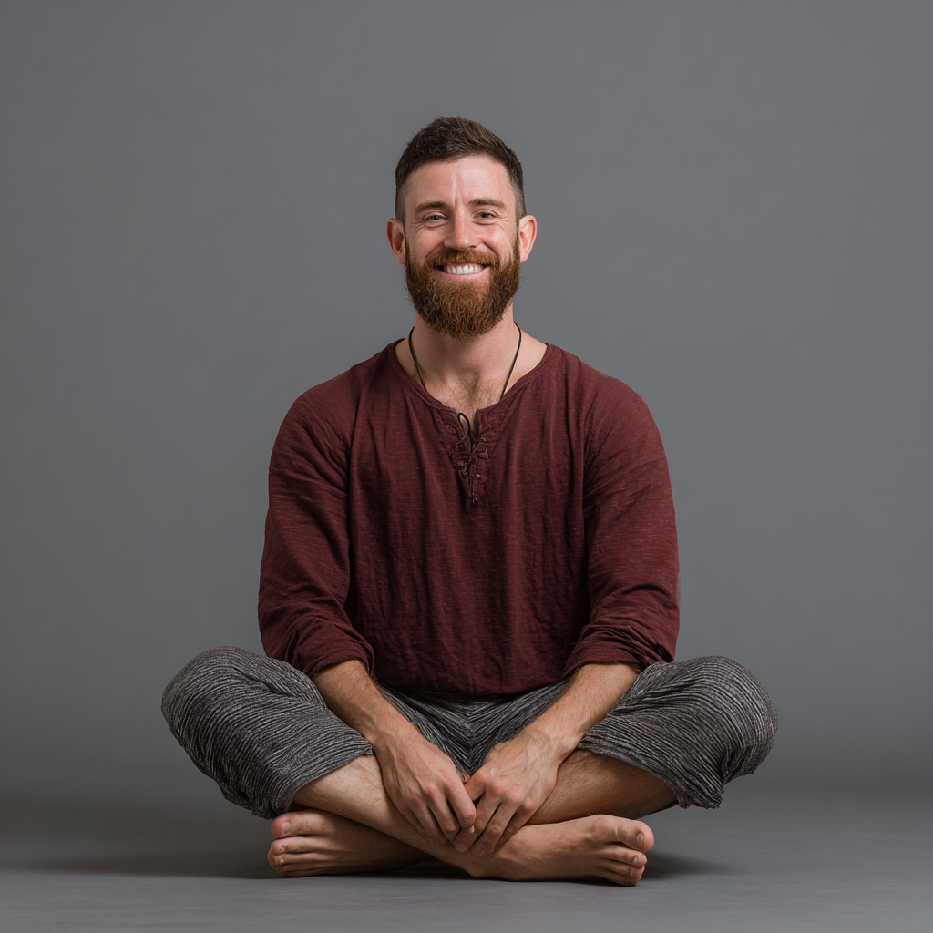 Femeie română zâmbitoare în pozitie de yoga, demonstrând echilibrul și pacea interioară